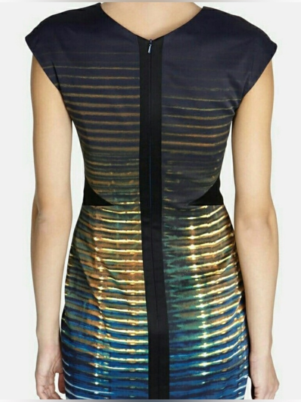 Karen Millen Abstract Ombre Stripe Bodycon Pencil Dress Blue Gold US 4 - Picture 2 of 12